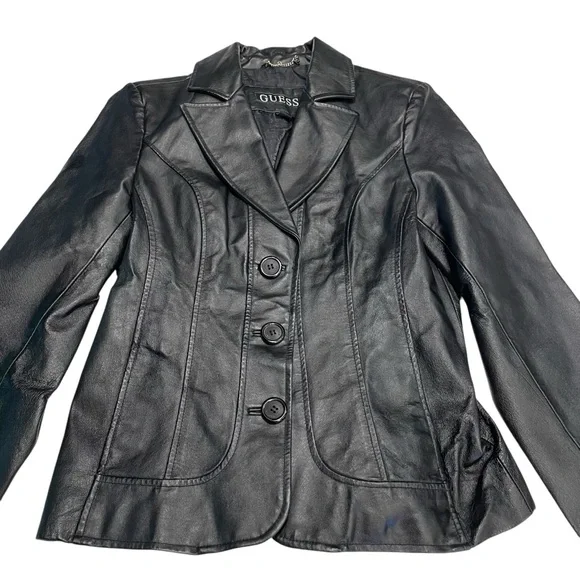 VTG  Guess Womens Sz M Black Leather 3 Button Front Blazer/Jacket Y2K Timeless - Picture 5 of 12